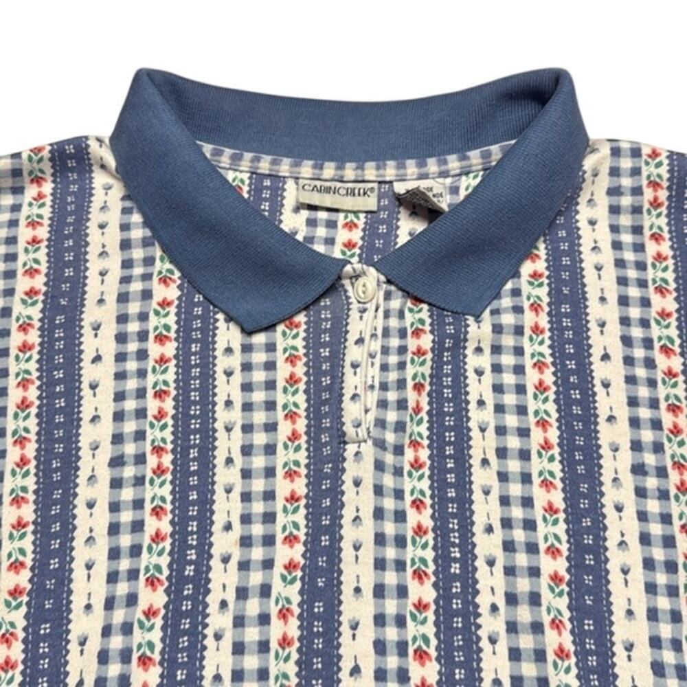 New Cabin Creek Blue White Red Floral Print Cottagecore Polo Size‎ XL